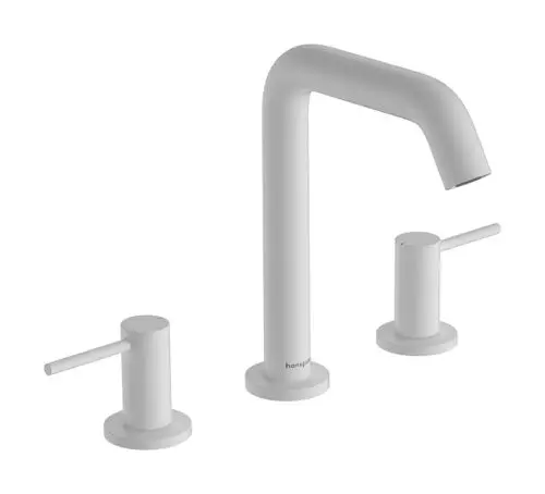 Waschtischarmatur in Mattweiß mit zwei separaten Bedienhebeln und einem hohen Auslauf. Die Armatur stammt von Hansgrohe und ist für einen 3-Loch-Installationsaufbau konzipiert.